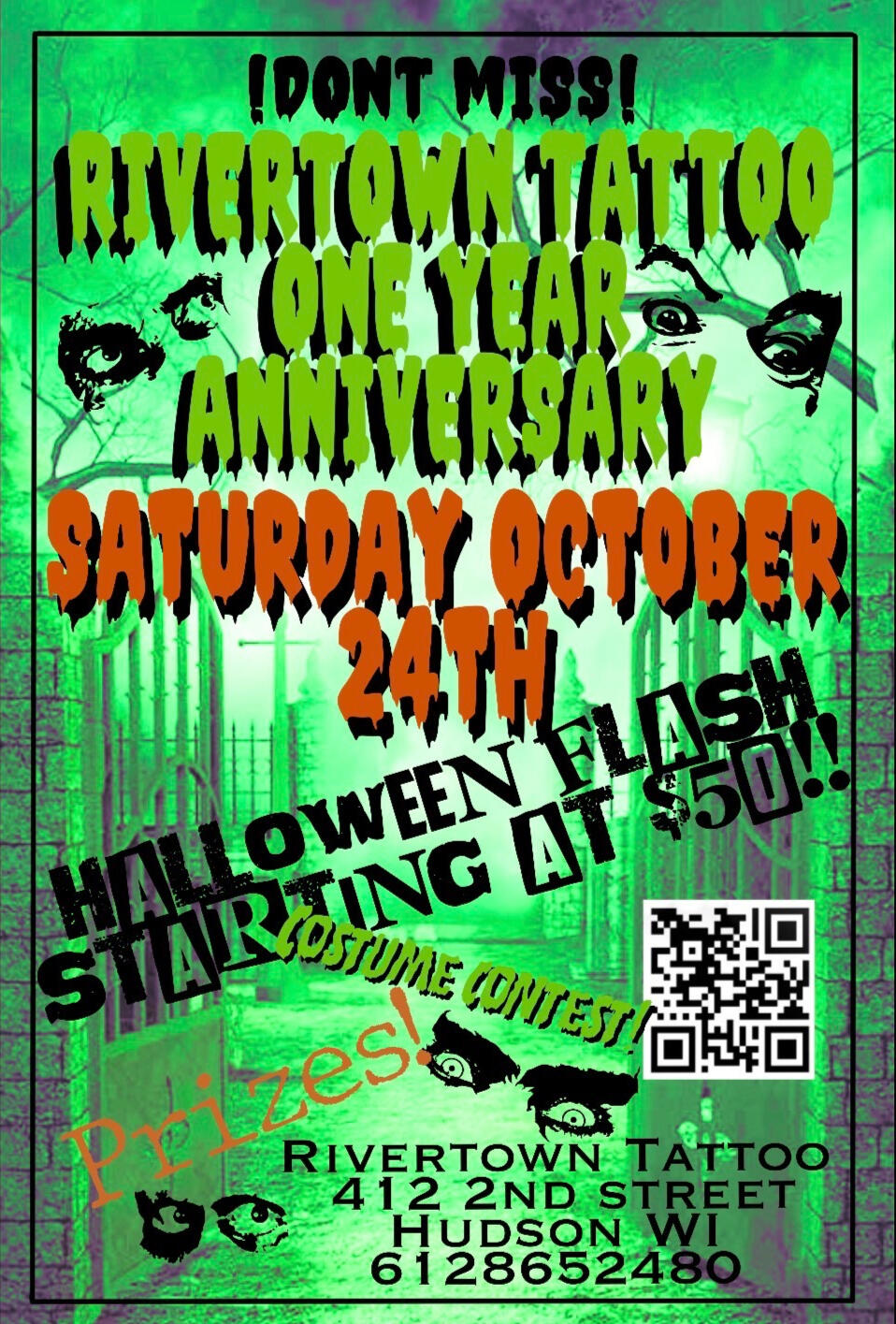 Don't miss Rivertown Tattoo One Year Anniversary Saturday October 24th. Halloween Flash starting at $50